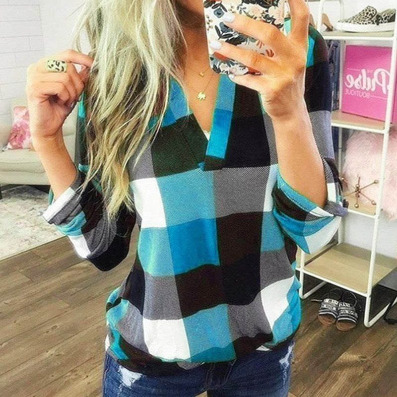 SAMIYA | Women Casual V-Neck Plaid Long Sleeve Blouse