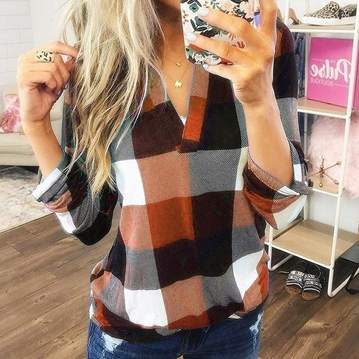SAMIYA | Women Casual V-Neck Plaid Long Sleeve Blouse