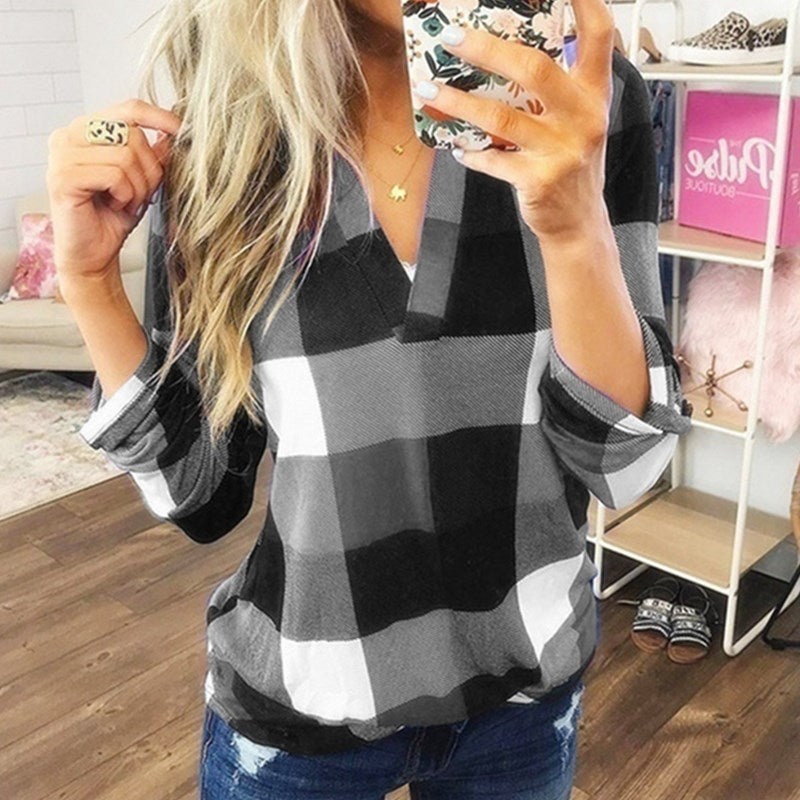 SAMIYA | Women Casual V-Neck Plaid Long Sleeve Blouse
