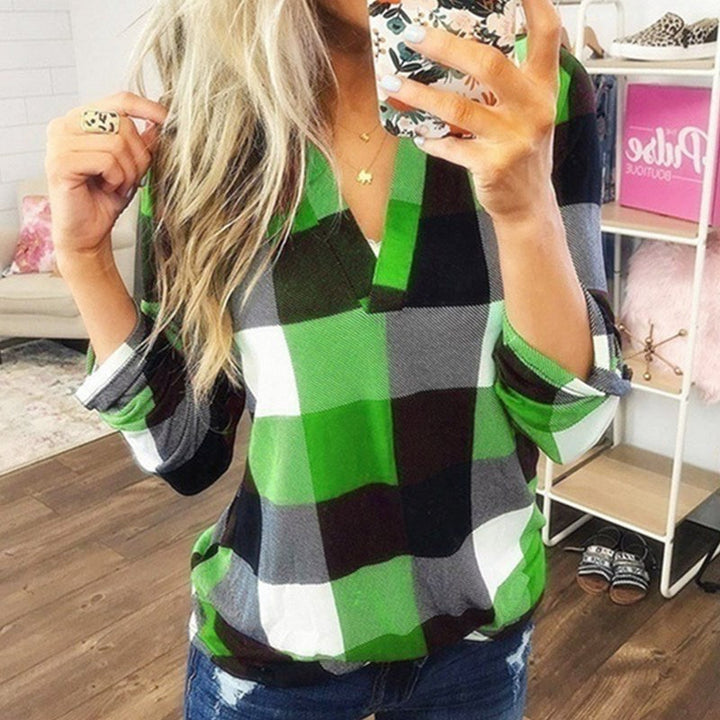 SAMIYA | Women Casual V-Neck Plaid Long Sleeve Blouse