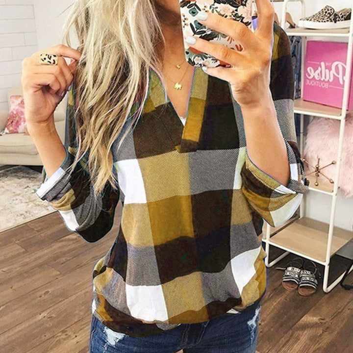 SAMIYA | Women Casual V-Neck Plaid Long Sleeve Blouse