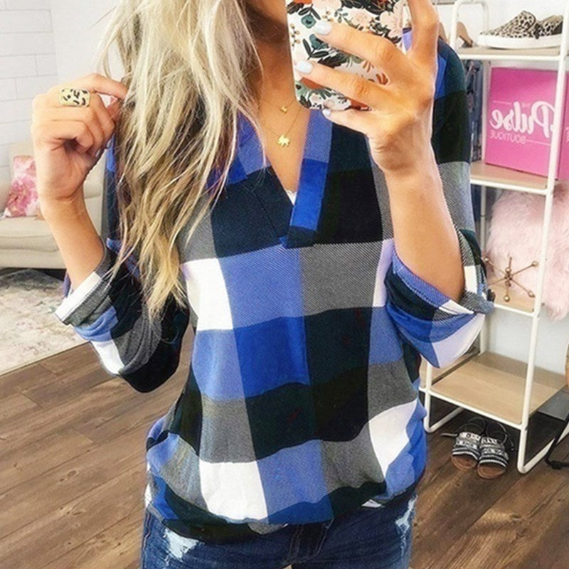 SAMIYA | Women Casual V-Neck Plaid Long Sleeve Blouse