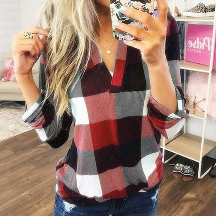 SAMIYA | Women Casual V-Neck Plaid Long Sleeve Blouse