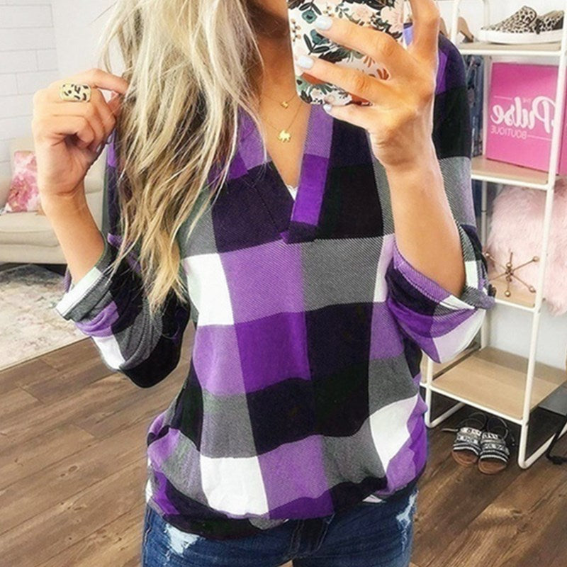 SAMIYA | Women Casual V-Neck Plaid Long Sleeve Blouse
