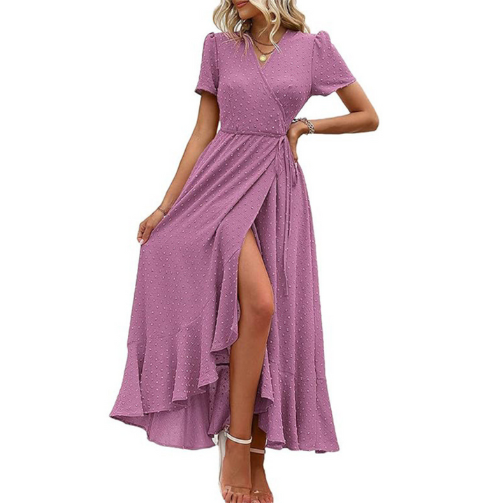 Marjorie | Cozy Summer Wrap Ruffle Hem Split Maxi Dress