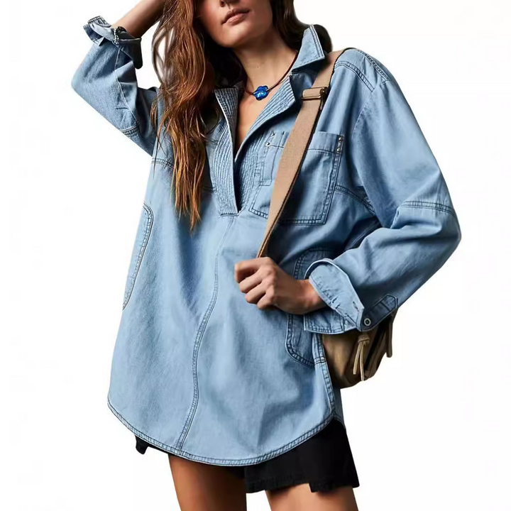 NALINAE | Chic V-Neck Denim Tunic Top