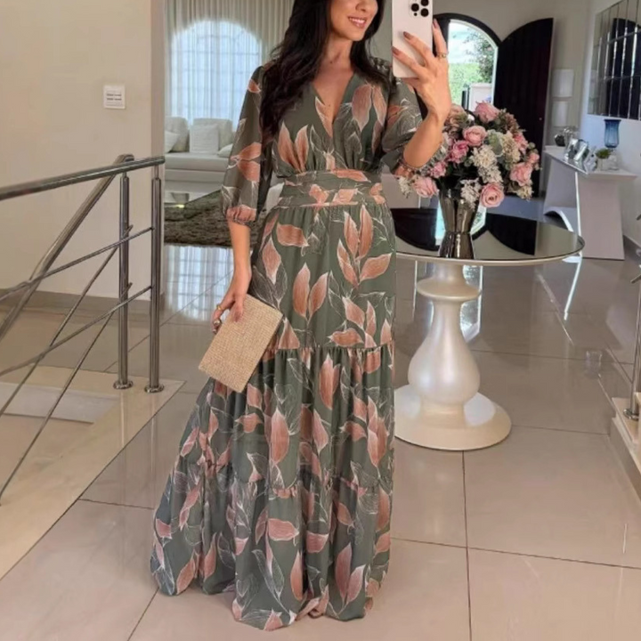 Bell| Elegant V-Neck Puff Sleeve Maxi Dress