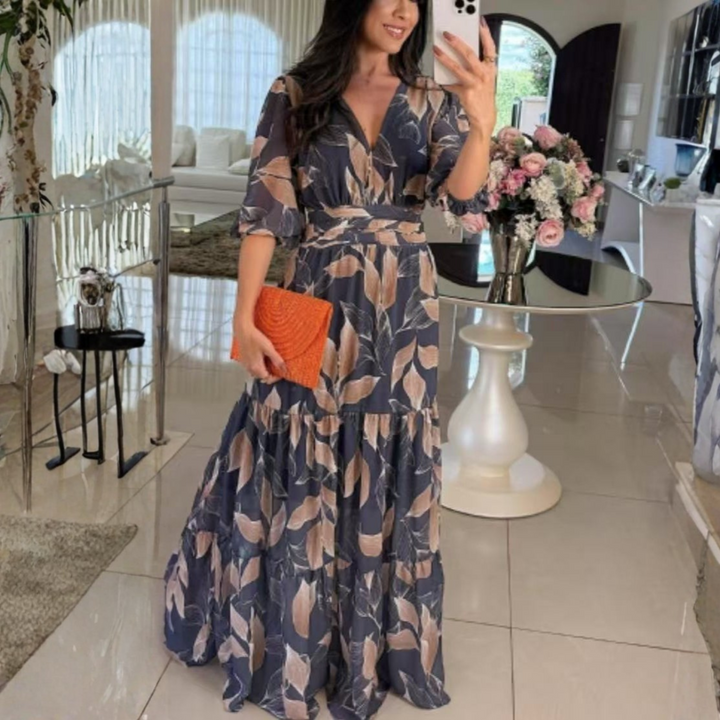 Bell| Elegant V-Neck Puff Sleeve Maxi Dress