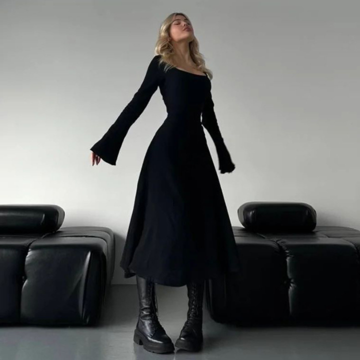 Cilicia | Classy Plain Flounce Long Sleeve Square Neck A-Line Maxi Dress