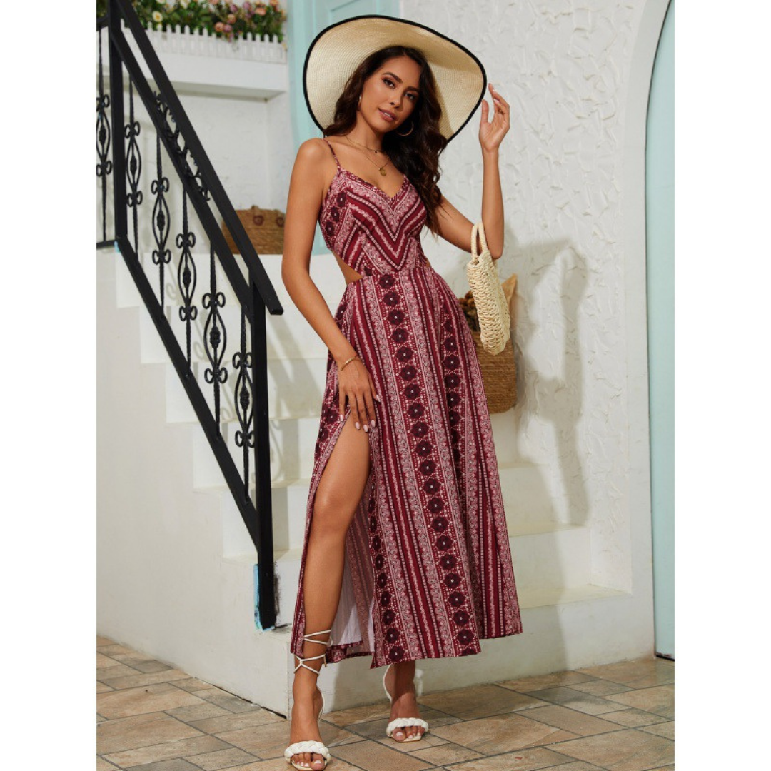 Clarinda| Casual Deep V-Neck Shirred Sleeveless Maxi Dress
