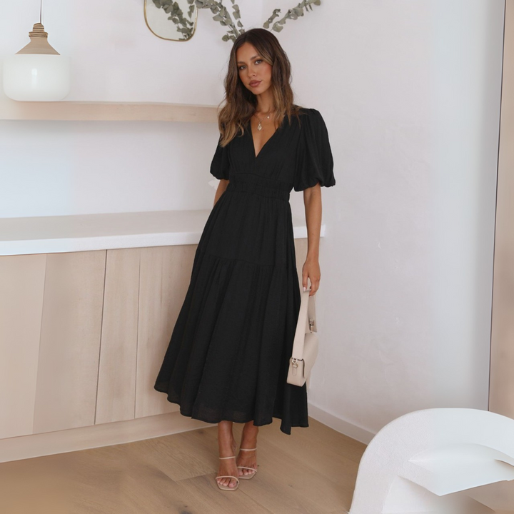Namu | Classy V-Neck Long Sleeve A-Line Maxi Dress