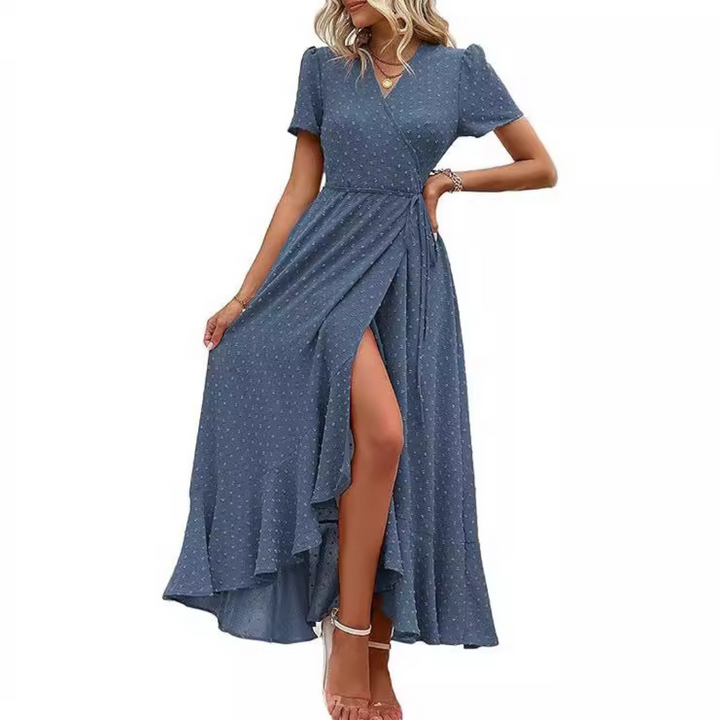 Marjorie | Cozy Summer Wrap Ruffle Hem Split Maxi Dress