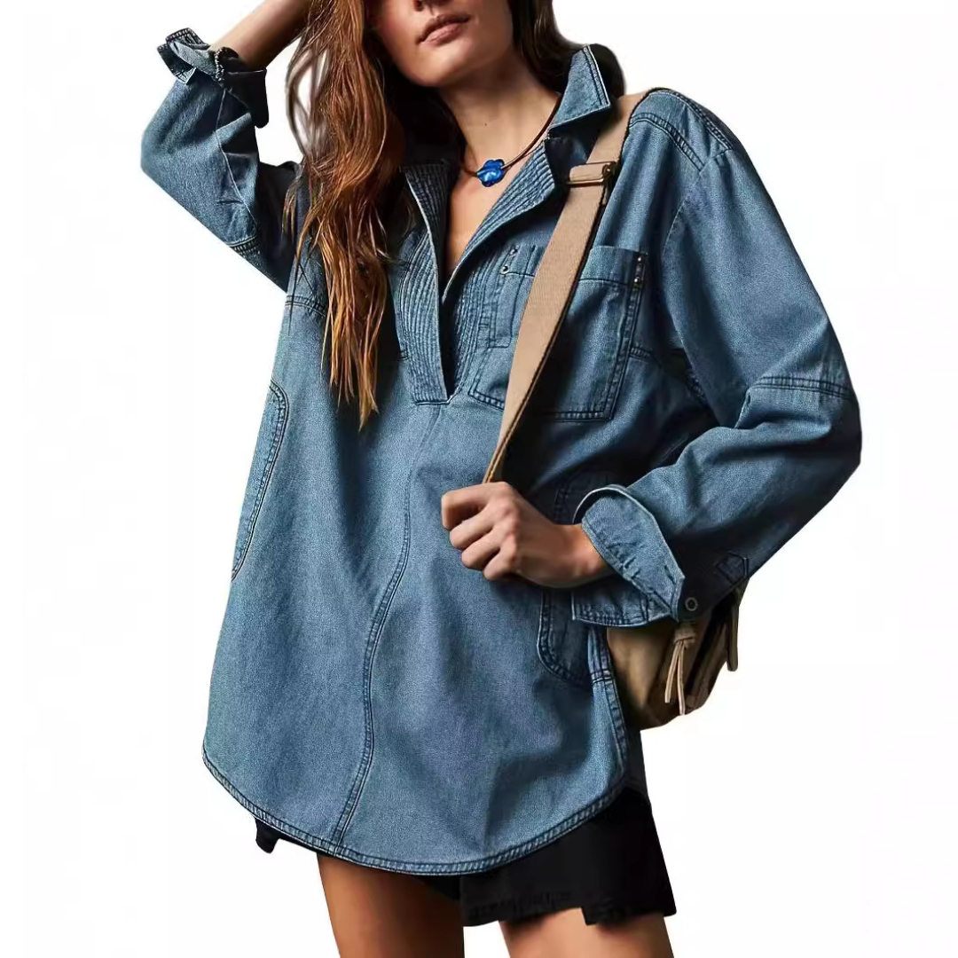 NALINAE | Chic V-Neck Denim Tunic Top