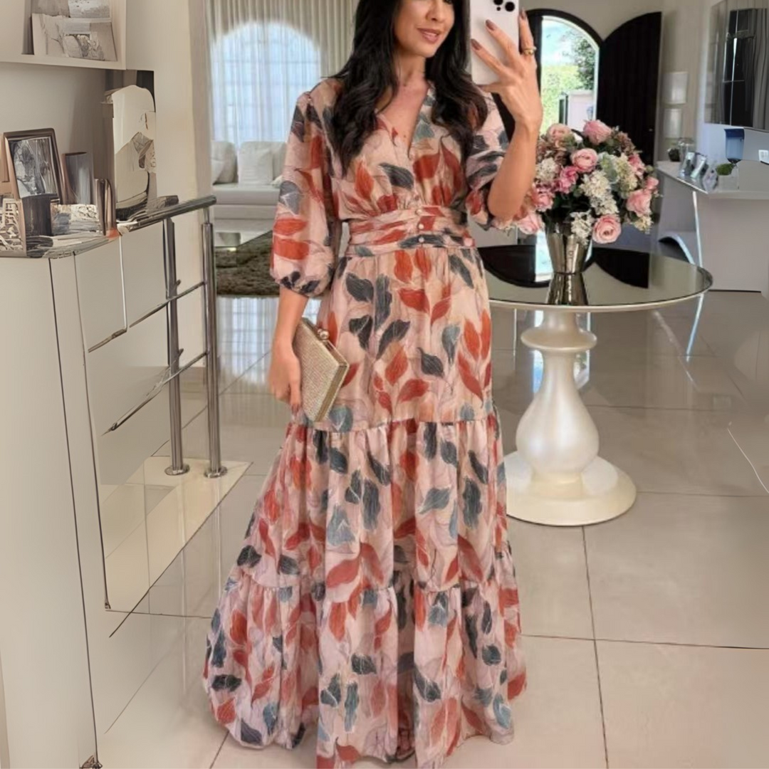 Bell| Elegant V-Neck Puff Sleeve Maxi Dress