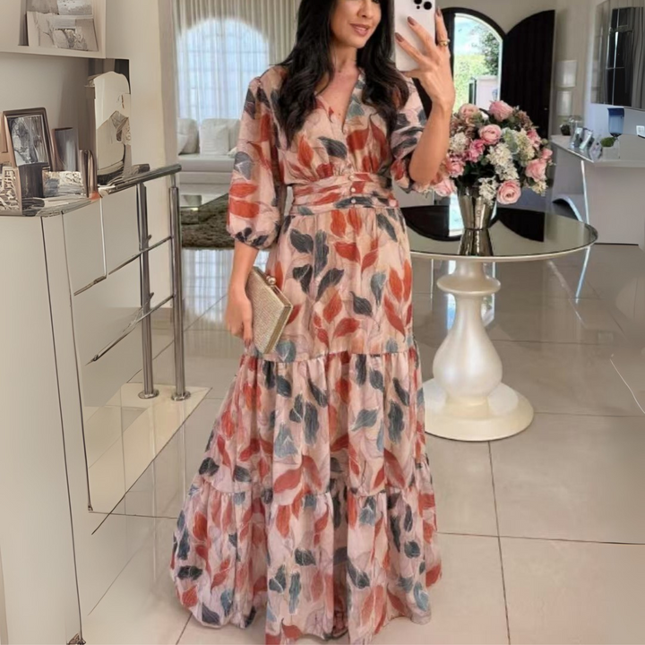 Bell| Elegant V-Neck Puff Sleeve Maxi Dress
