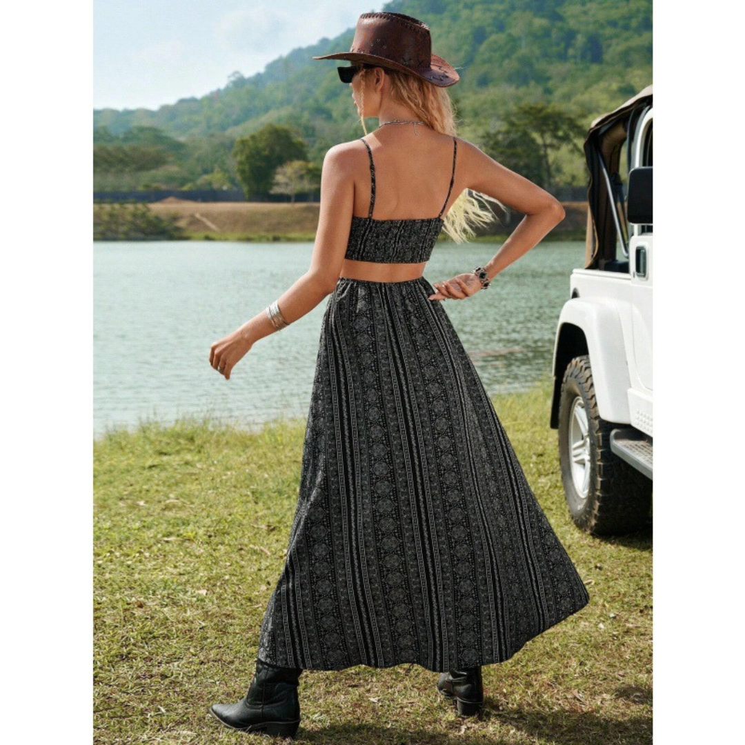 Clarinda| Casual Deep V-Neck Shirred Sleeveless Maxi Dress