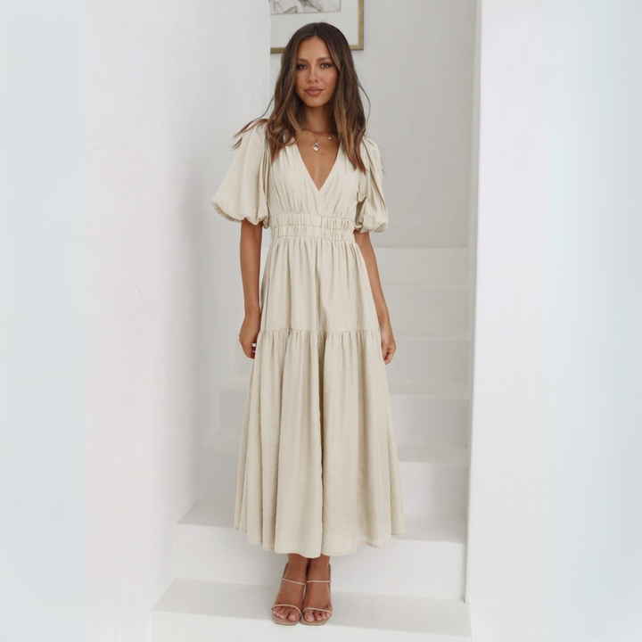 Namu | Classy V-Neck Long Sleeve A-Line Maxi Dress