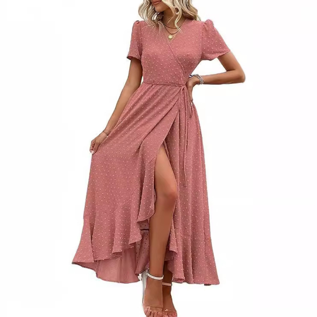 Marjorie | Cozy Summer Wrap Ruffle Hem Split Maxi Dress