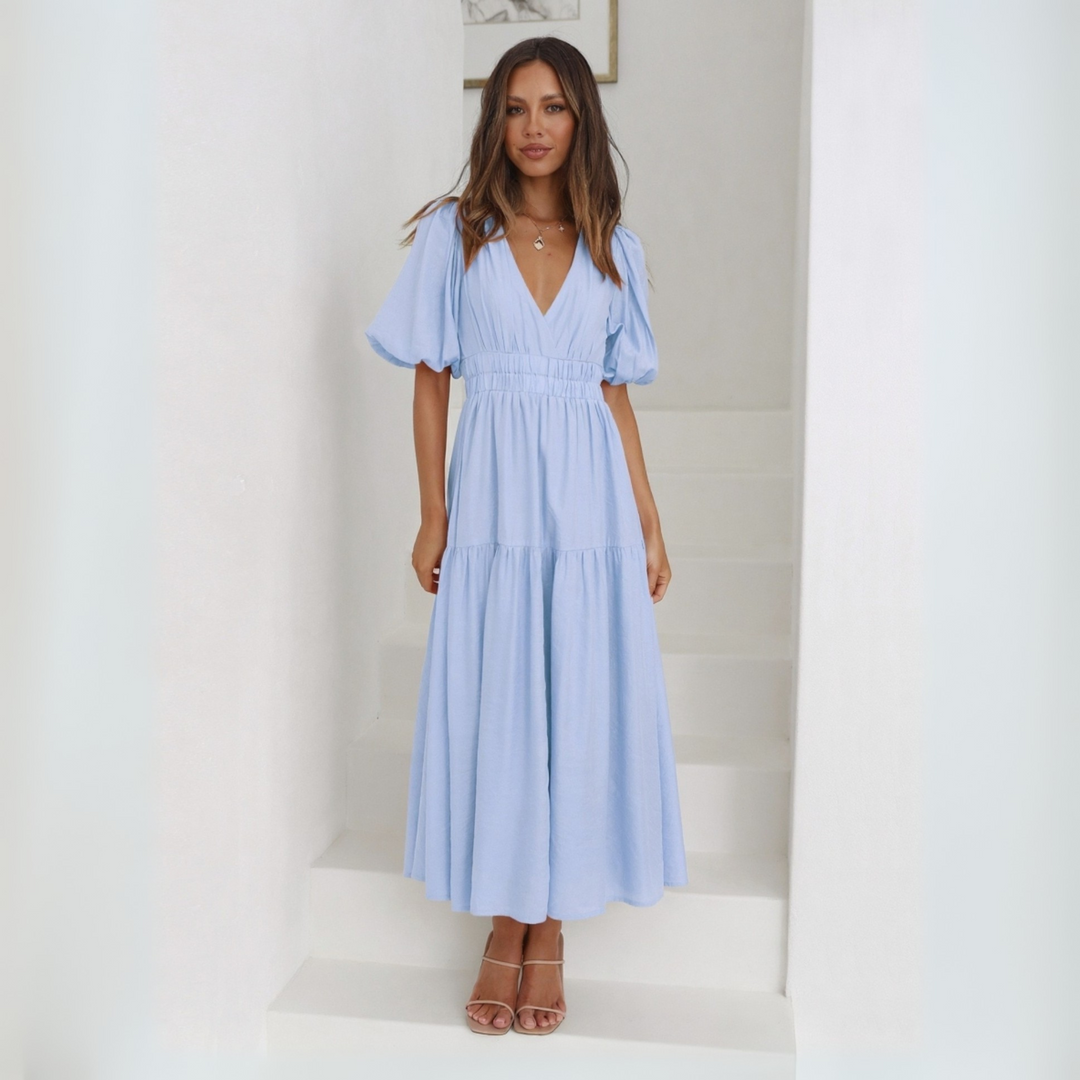 Namu | Classy V-Neck Long Sleeve A-Line Maxi Dress
