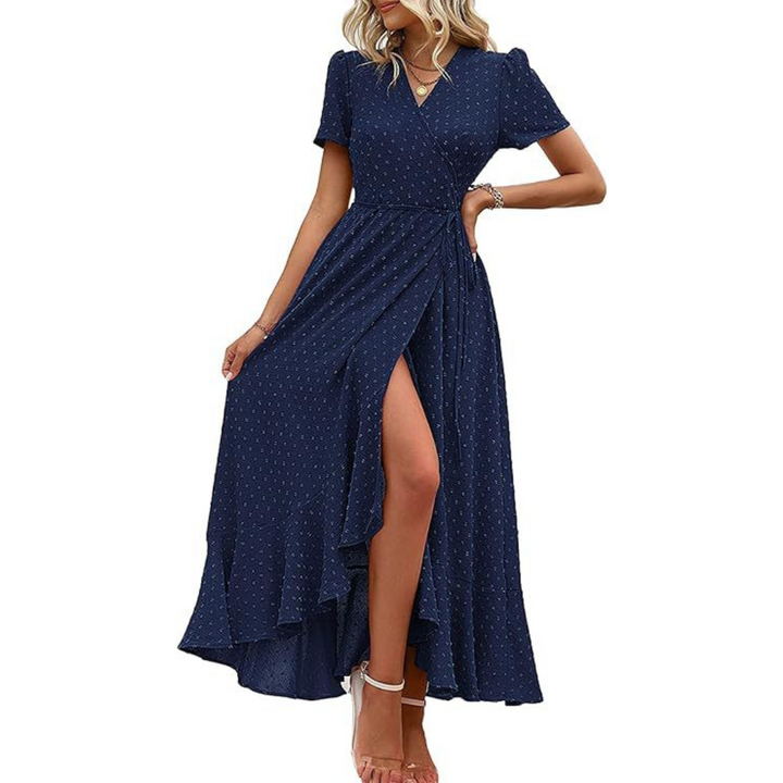 Marjorie | Cozy Summer Wrap Ruffle Hem Split Maxi Dress