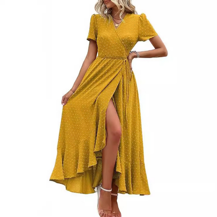 Marjorie | Cozy Summer Wrap Ruffle Hem Split Maxi Dress