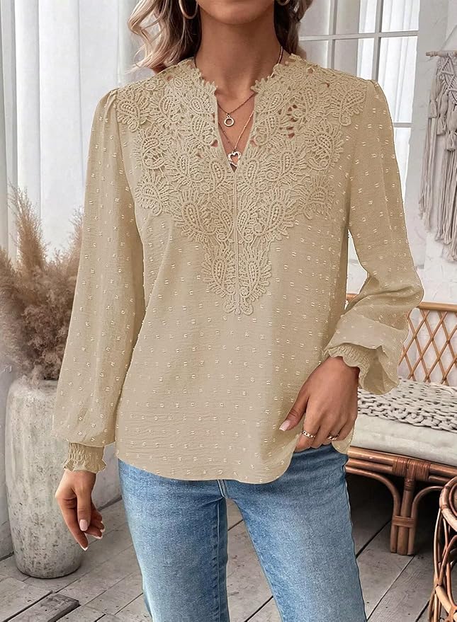 Colette | Elegant Boho Chiffon Blouse With Lace Detail
