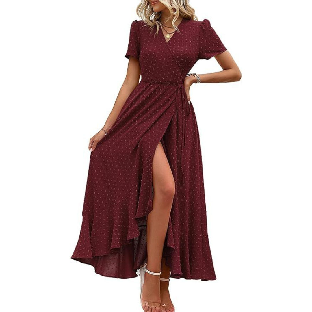 Marjorie | Cozy Summer Wrap Ruffle Hem Split Maxi Dress