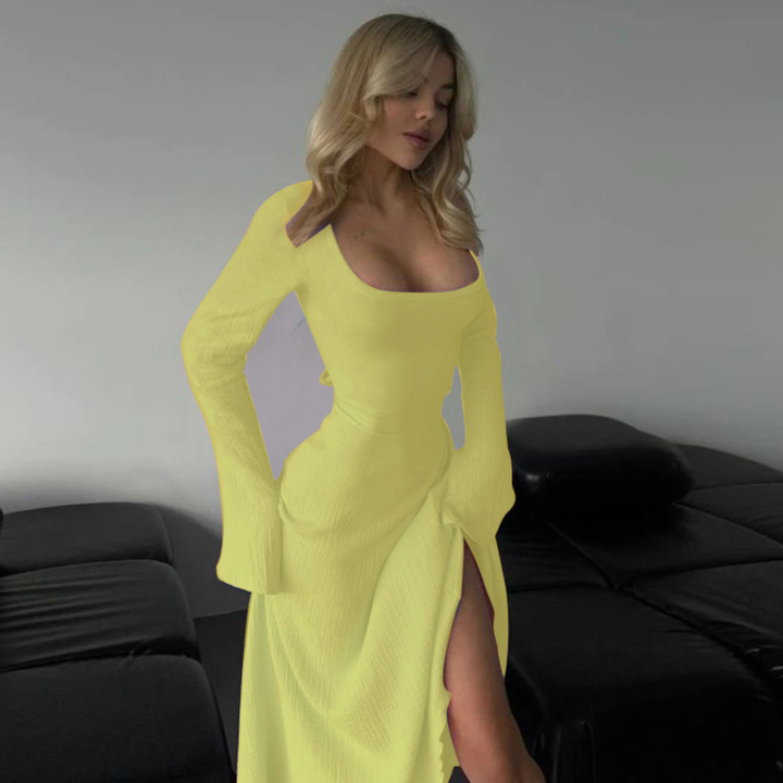Cilicia | Classy Plain Flounce Long Sleeve Square Neck A-Line Maxi Dress