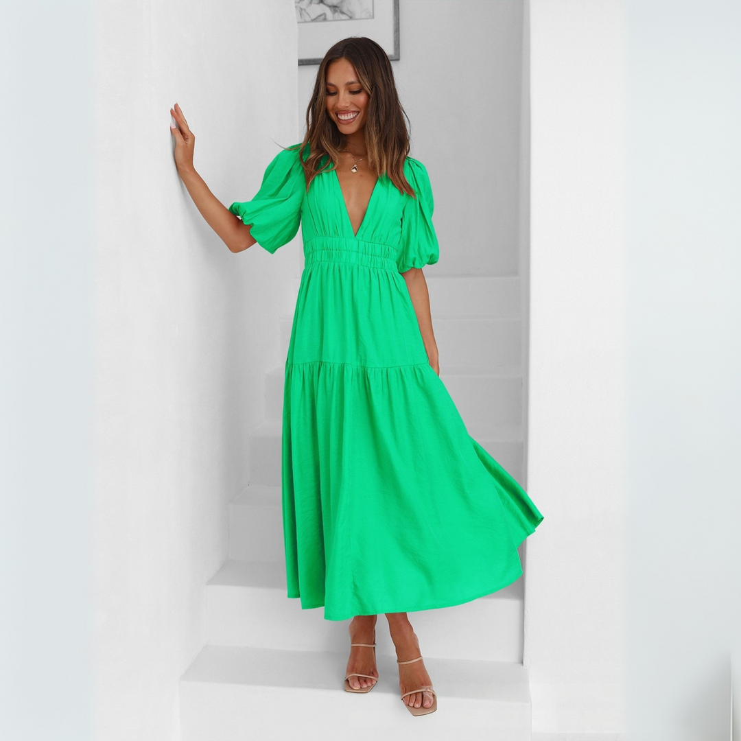 Namu | Classy V-Neck Long Sleeve A-Line Maxi Dress