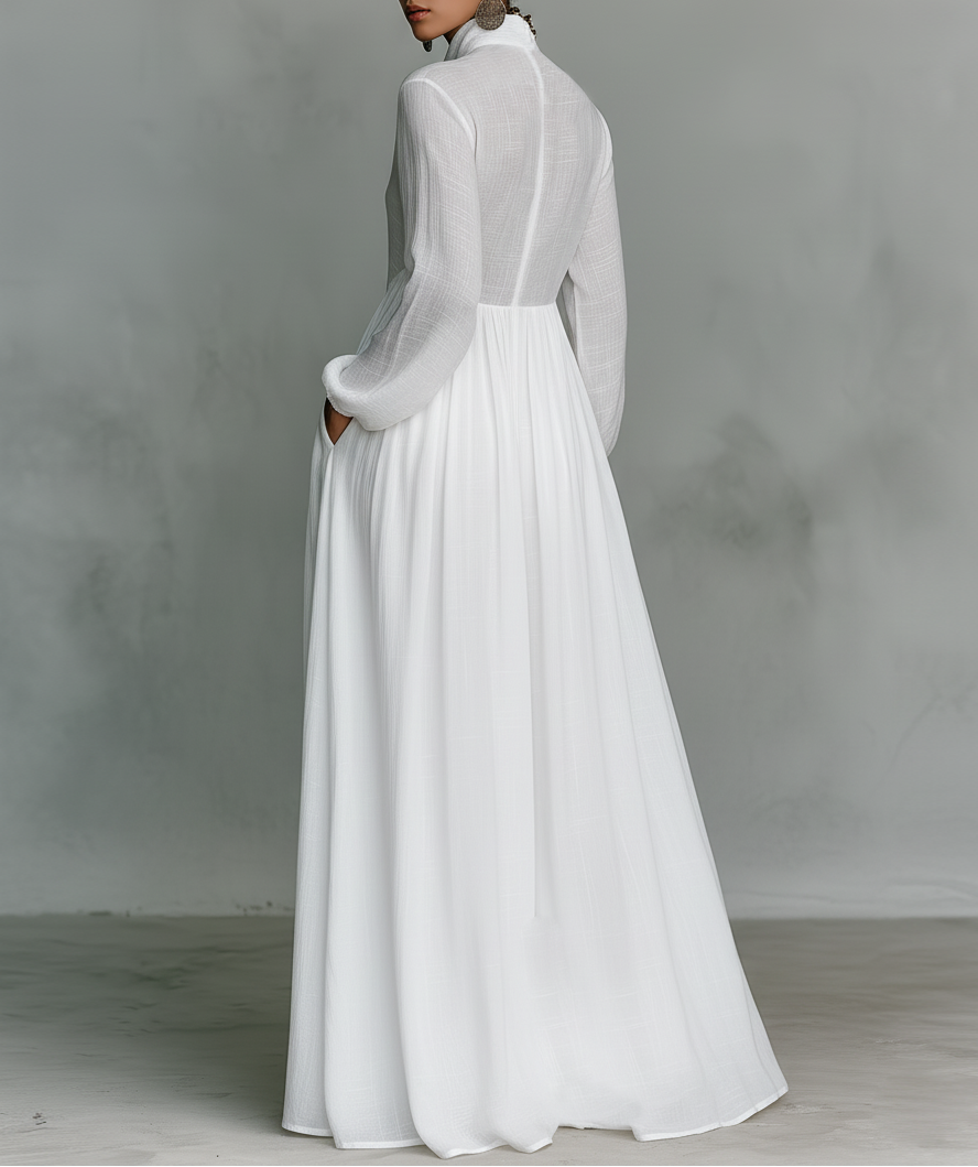 Veronica | Cotton Linen Maxi Dress with High Collar