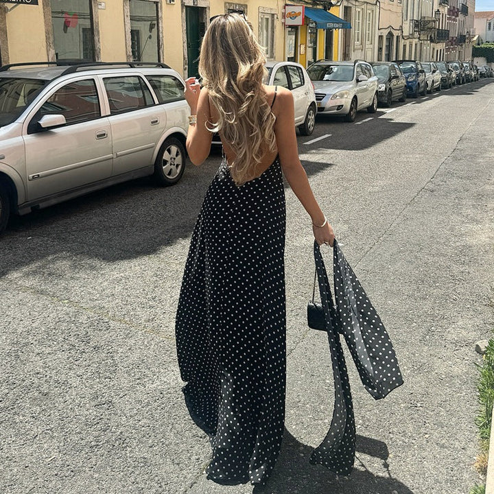 Zena| Classic Polka Dots V-Neck Backless Maxi Dress
