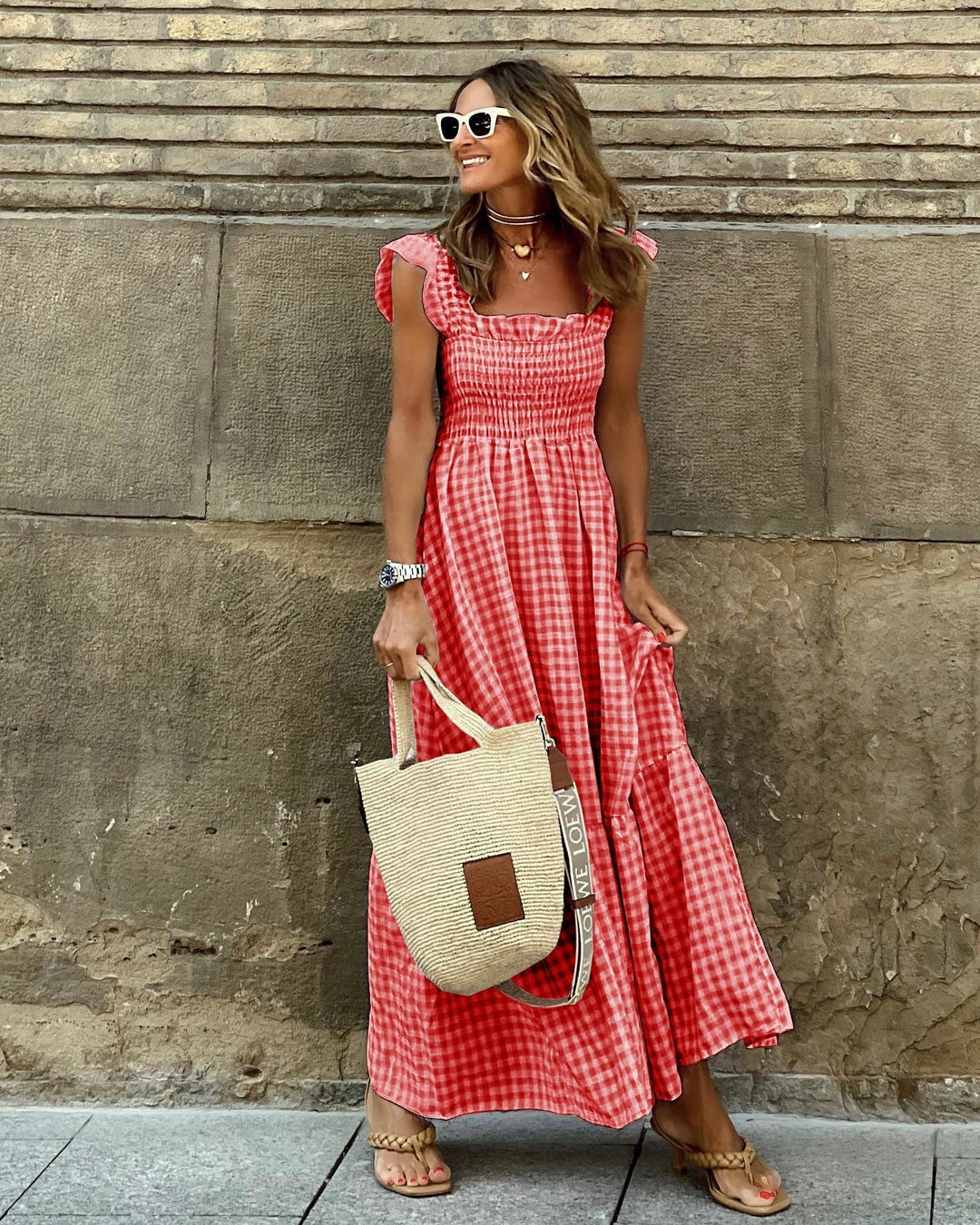 Nancy | Chic Retro Plaid Smocked Women Maxi Dress