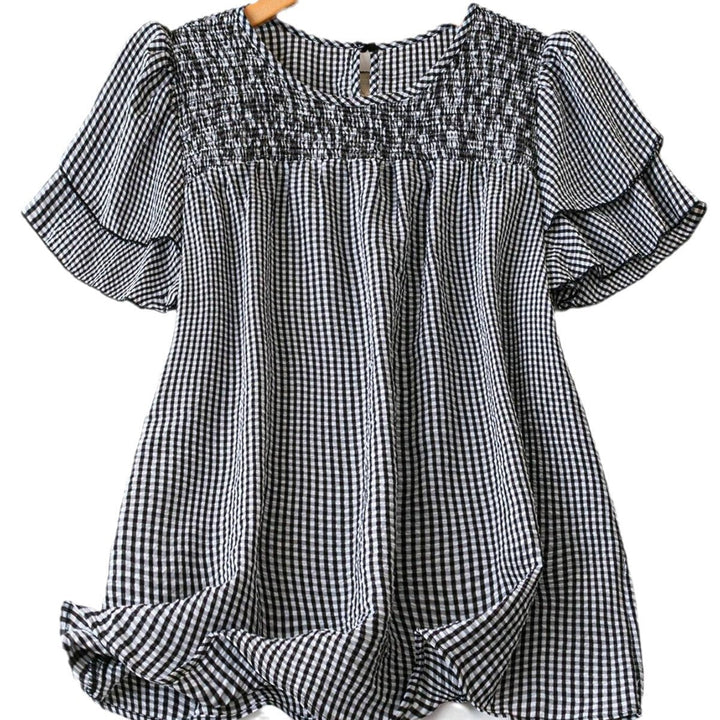 Kristel Vintage Flowy Checkered Puff Sleeve Blouse | Timeless Retro Top