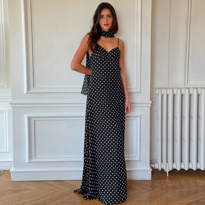 Zena| Classic Polka Dots V-Neck Backless Maxi Dress