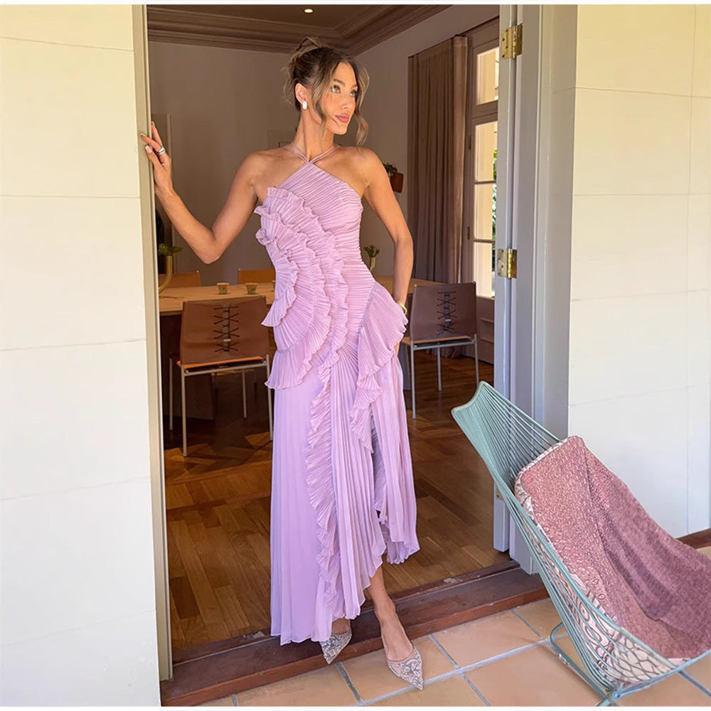 Regine | Elegant Halter Neck Lotus Summer Maxi Dress